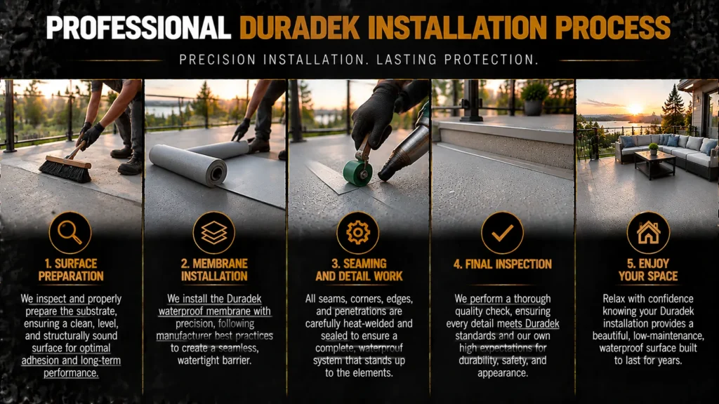 Duradek waterproof vinyl decking infographic about Our Duradek Project Process, showing vinyl membranes, finished decks, and installation details
