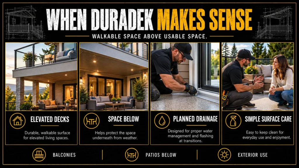 Duradek waterproof vinyl decking infographic about When Duradek May Be a Good Fit, showing vinyl membranes, finished decks, and installation details