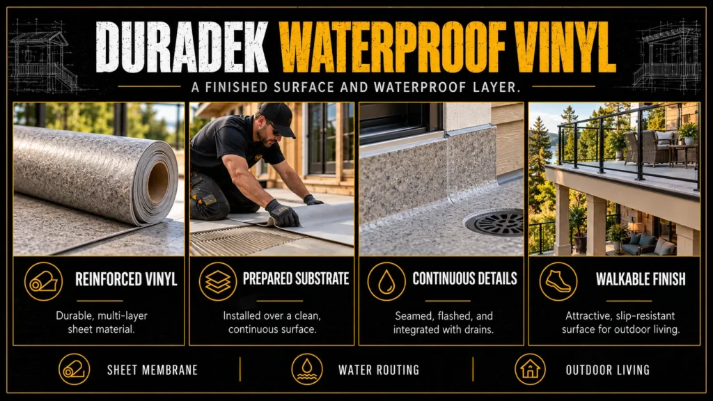 Duradek waterproof vinyl decking infographic about What Is Duradek Waterproof Vinyl Decking