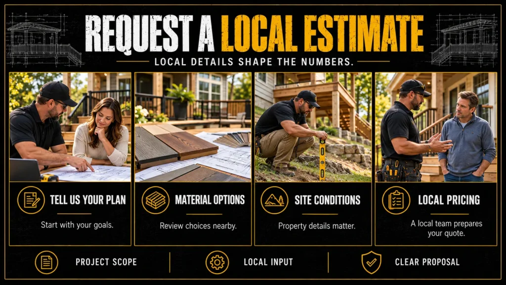 Local deck estimate infographic showing project plans, decking material options, site conditions, and contractor pricing