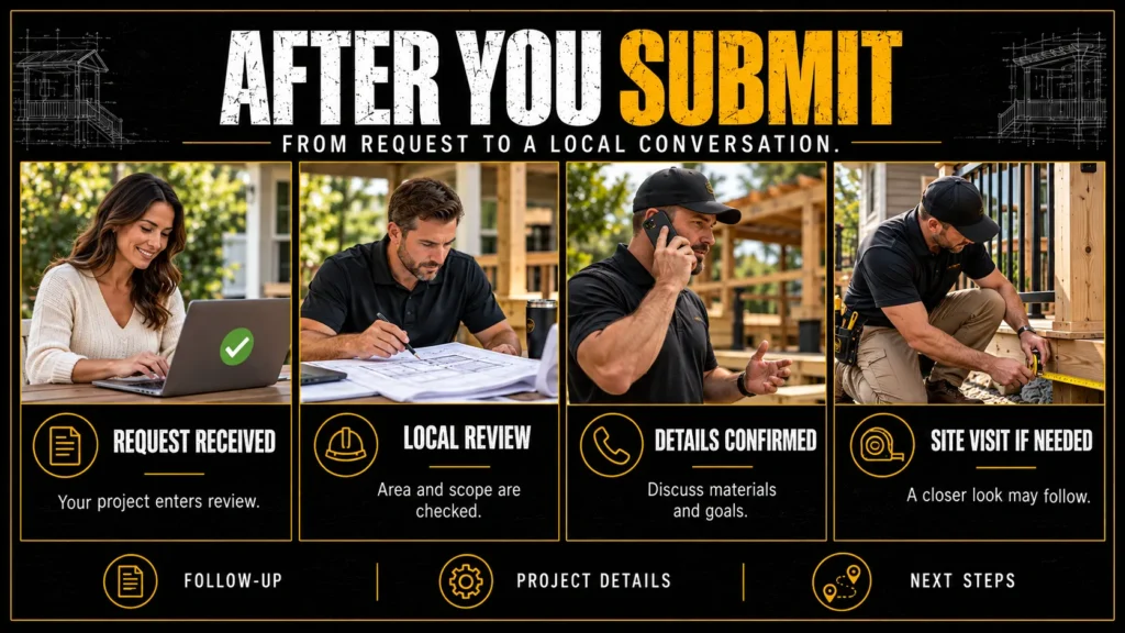 Deck estimate follow-up infographic showing request confirmation, local review, contractor call, and optional site visit