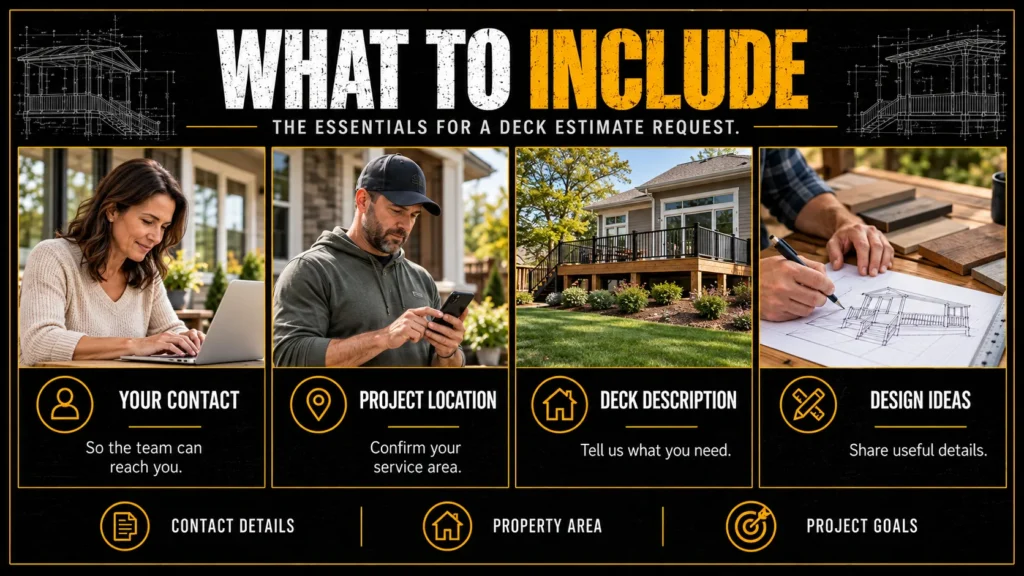 Deck estimate request infographic showing contact details, project location, deck description, and design ideas