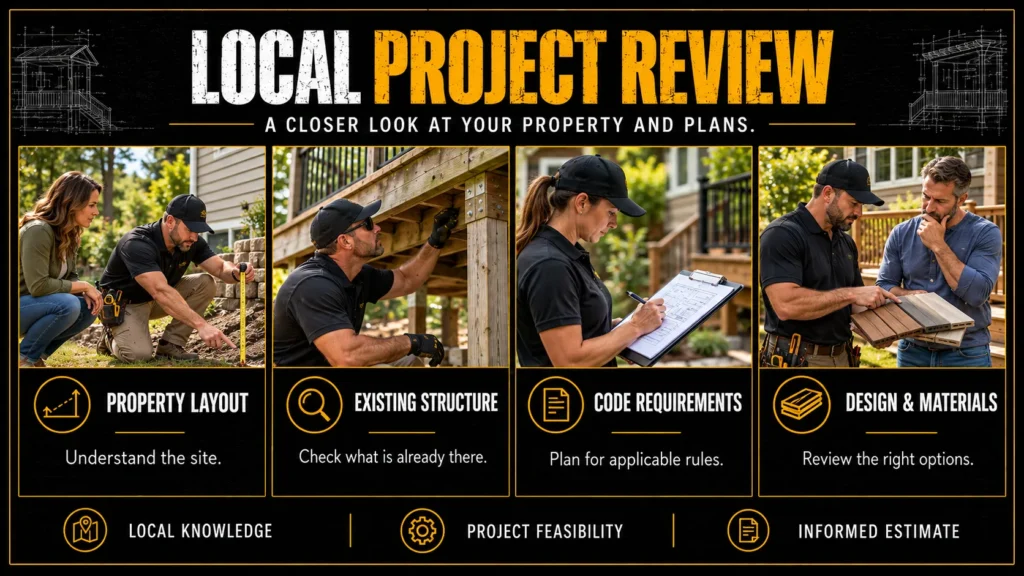 Local deck project review infographic showing property layout, existing structure, code requirements, and material choices