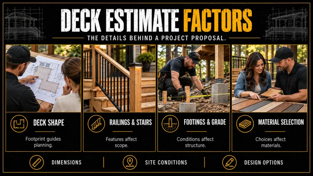 Deck cost estimate factors infographic showing deck design, railings and stairs, footings, site grade, and material selection