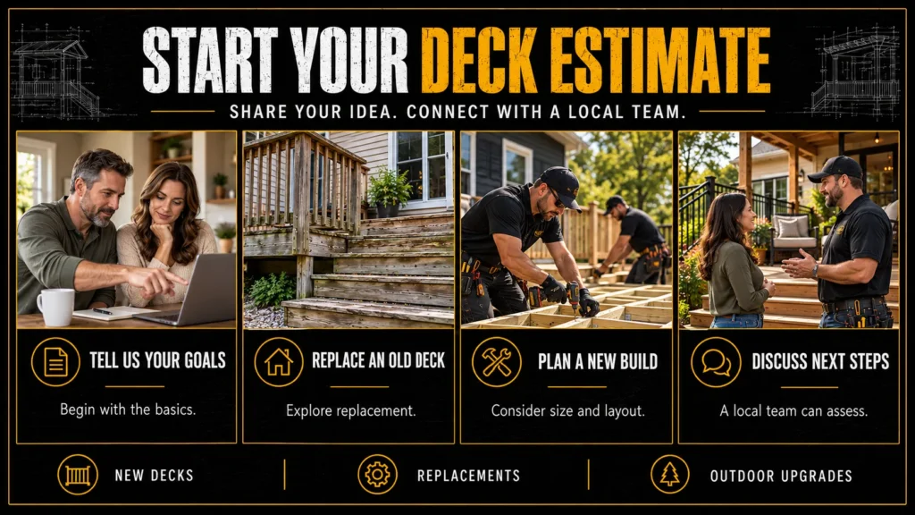 Deck estimate request infographic showing project goals, deck replacement, new construction, and local contractor consultation