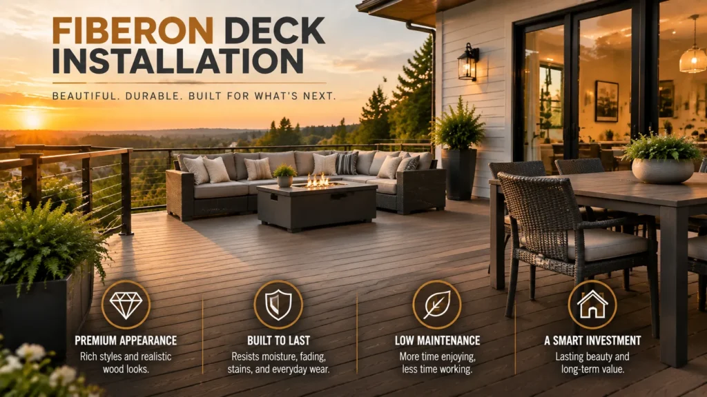Fiberon decking infographic about Professional Fiberon Deck Builders, showing composite boards, finished decks, benefits, and installation steps