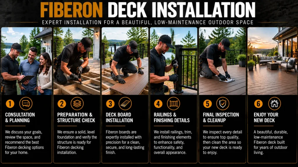 Fiberon decking infographic about Our Fiberon Installation Process, showing composite boards, finished decks, benefits, and installation steps