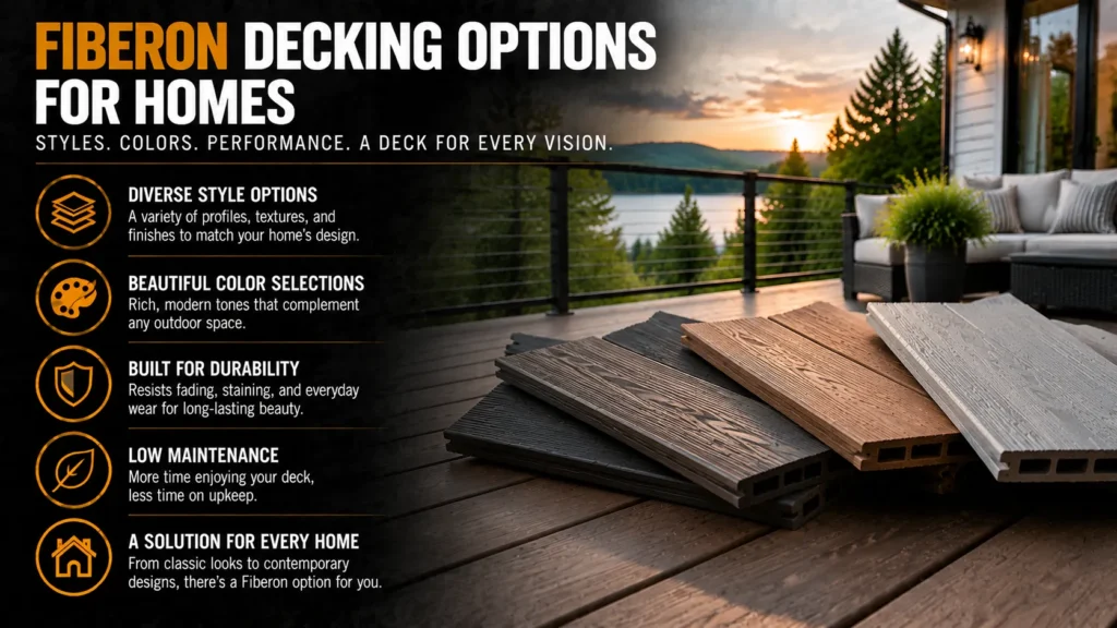Fiberon decking infographic about Explore Fiberon Decking Options, showing composite boards, finished decks, benefits, and installation steps