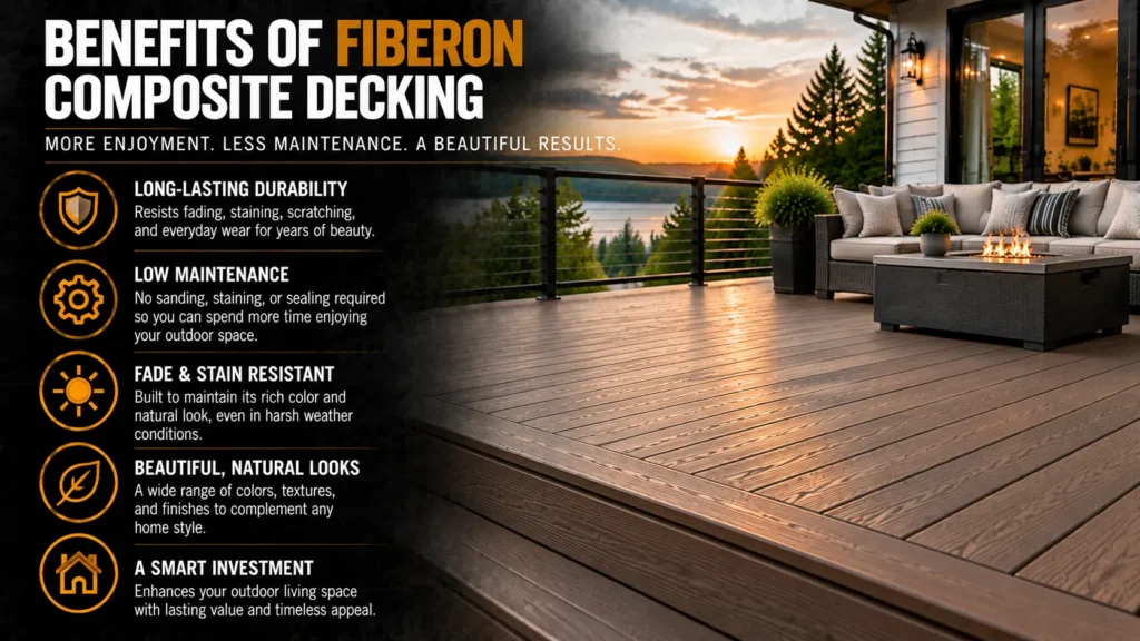 Fiberon decking infographic about Benefits of Fiberon Decking, showing composite boards, finished decks, benefits, and installation steps