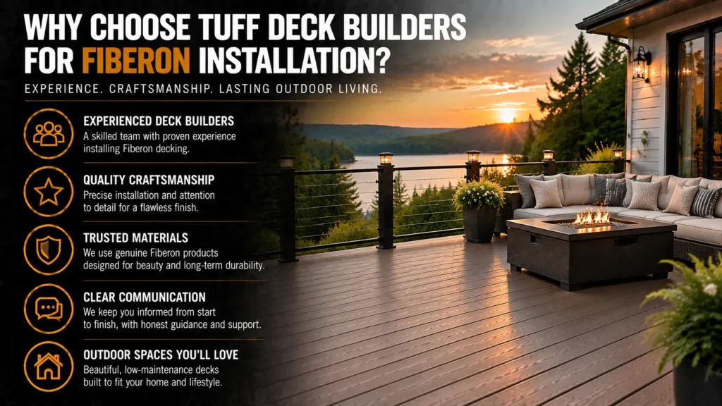 Fiberon decking infographic about Start Planning Your Fiberon Deck, showing composite boards, finished decks, benefits, and installation steps
