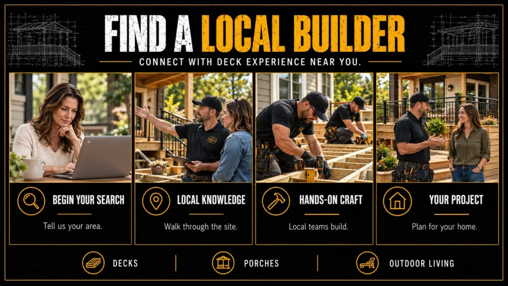 Local deck builder infographic showing an online search, site consultation, deck framing, and homeowner project planning