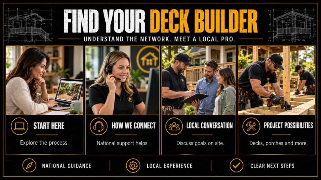 Find a deck builder infographic showing an online search, national support, a local consultation, and deck construction