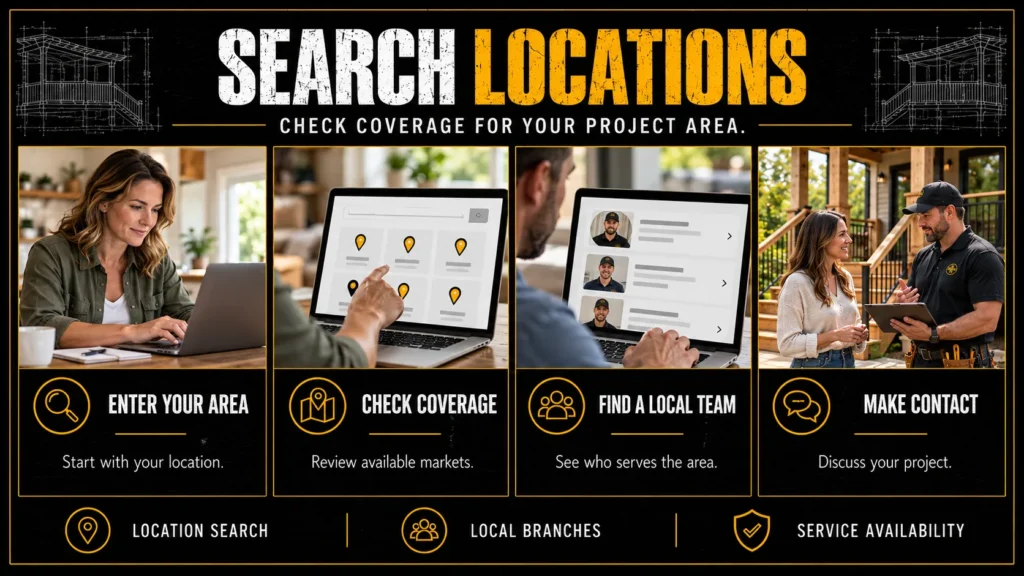 Tuff Deck Builders location search infographic showing area lookup, service coverage, local teams, and contractor contact