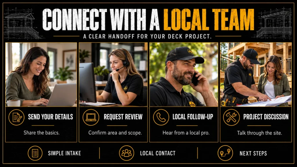 Tuff Deck Builders connection process showing an online request, national review, local follow-up, and project consultation