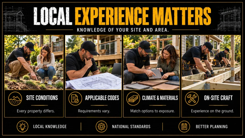 Local deck builder expertise infographic showing site conditions, building codes, material selection, and deck construction