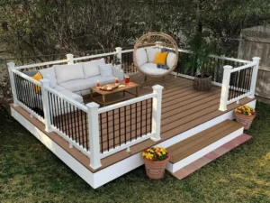 Small raised floating deck with brown boards, white railings, and lounge seating
