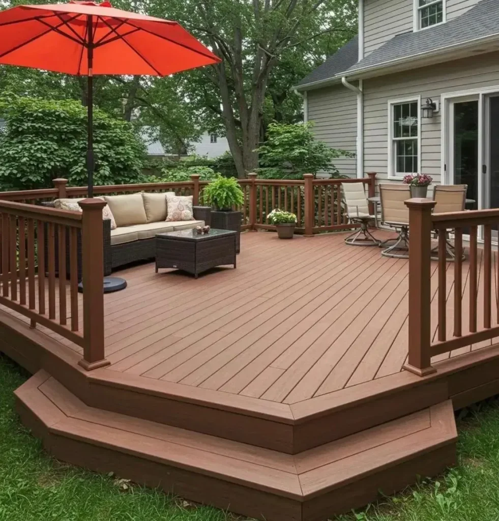 Brown octagonal floating deck with built-in steps, seating, and a red umbrella