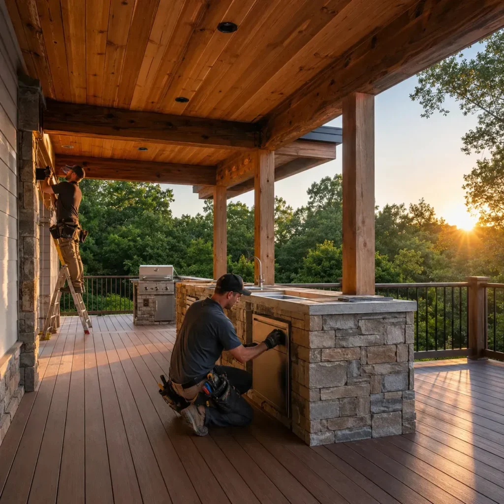 Covered deck with wood ceiling and stone outdoor kitchen while a contractor works