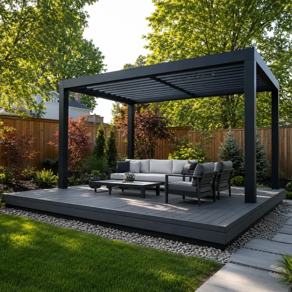 Modern covered floating deck with a black pergola in a landscaped backyard