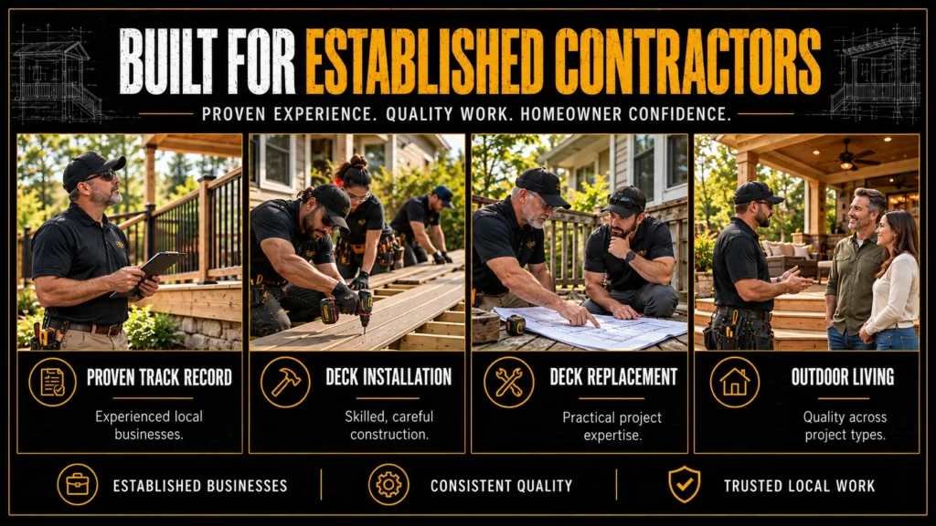 Tuff Deck Builders contractor partnership infographic about Deck Contractor Partnership Built for Established Local Businesses