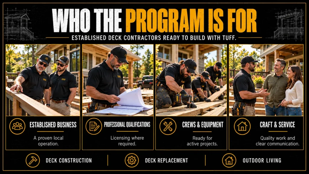 Tuff Deck Builders contractor partnership infographic about Who the Program Is For, showing local builders, homeowners, project plans, and support tools