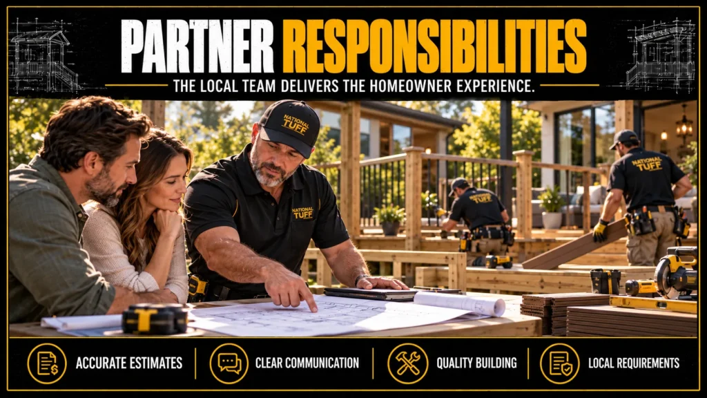 Tuff Deck Builders contractor partnership infographic about Partner Responsibilities, showing local builders, homeowners, project plans, and support tools