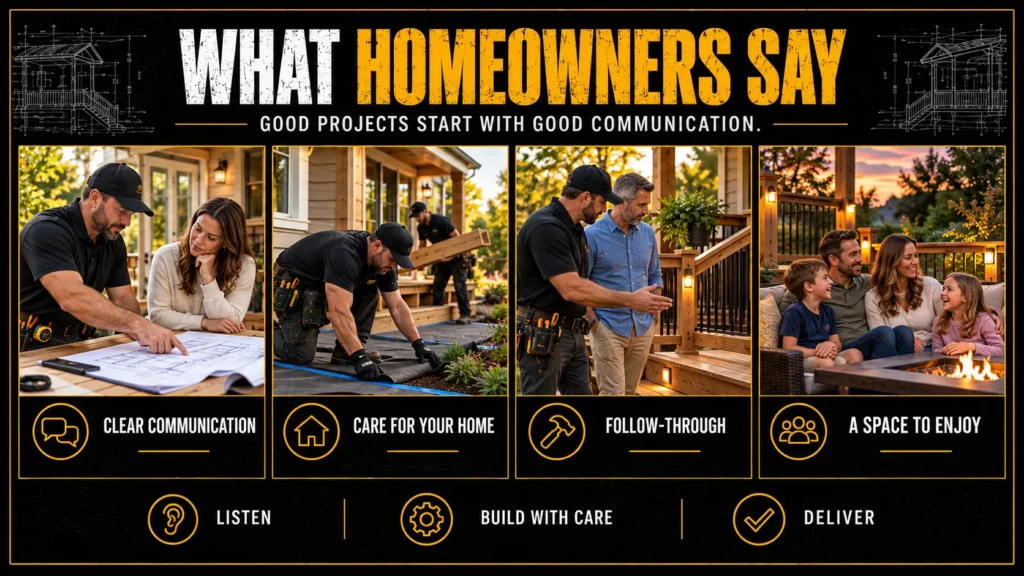 Homeowner experience infographic highlighting communication, care, follow-through, and outdoor enjoyment
