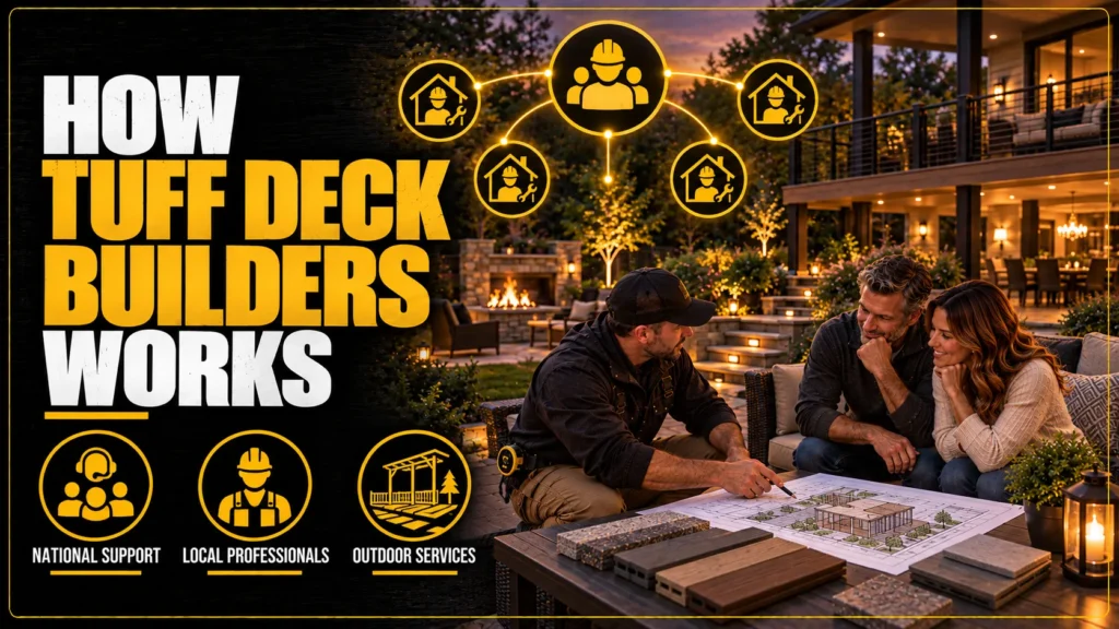 Tuff Deck Builders process infographic about How TUFF Deck Builders Works, showing homeowners, contractors, plans, and project responsibility icons