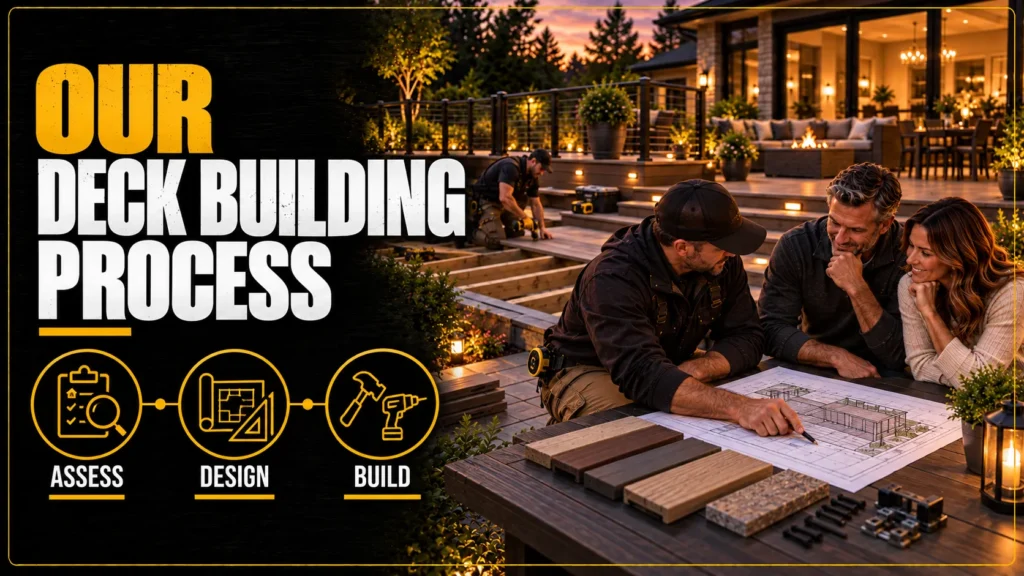 Tuff Deck Builders process infographic about The Homeowner Deck Building Process, showing homeowners, contractors, plans, and project responsibility icons