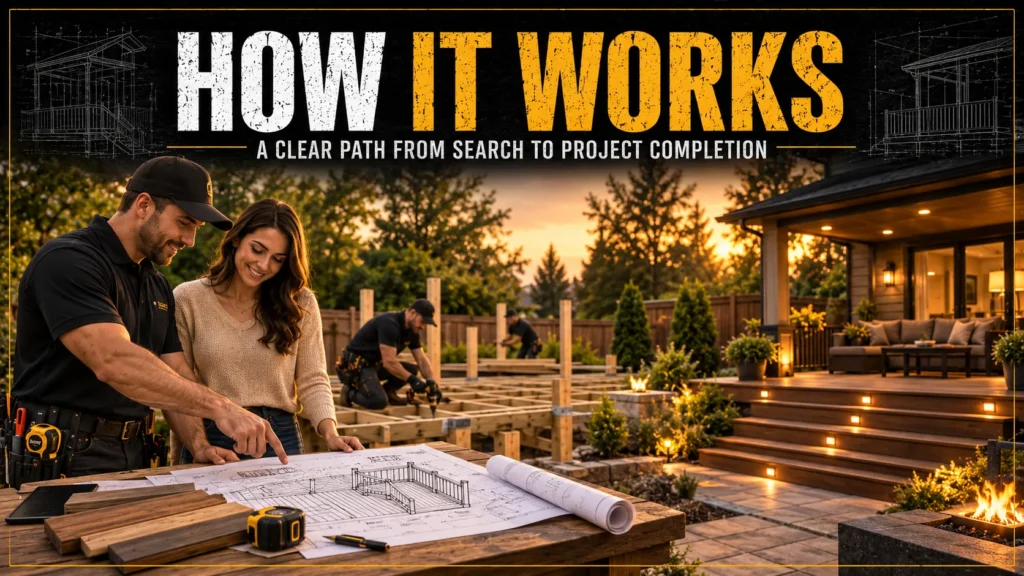 Tuff Deck Builders process infographic showing project planning, local service, and construction