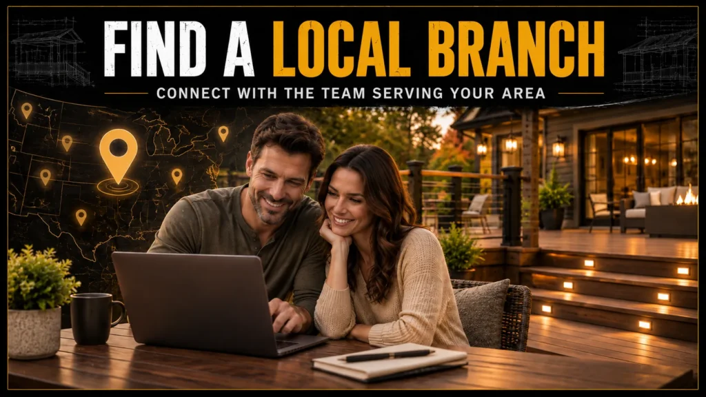 Homeowners using a laptop to find a local Tuff Deck Builders branch