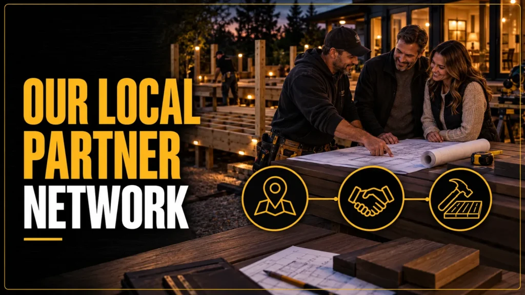 Local deck contractor partner network graphic with project plans, map, and partnership icons