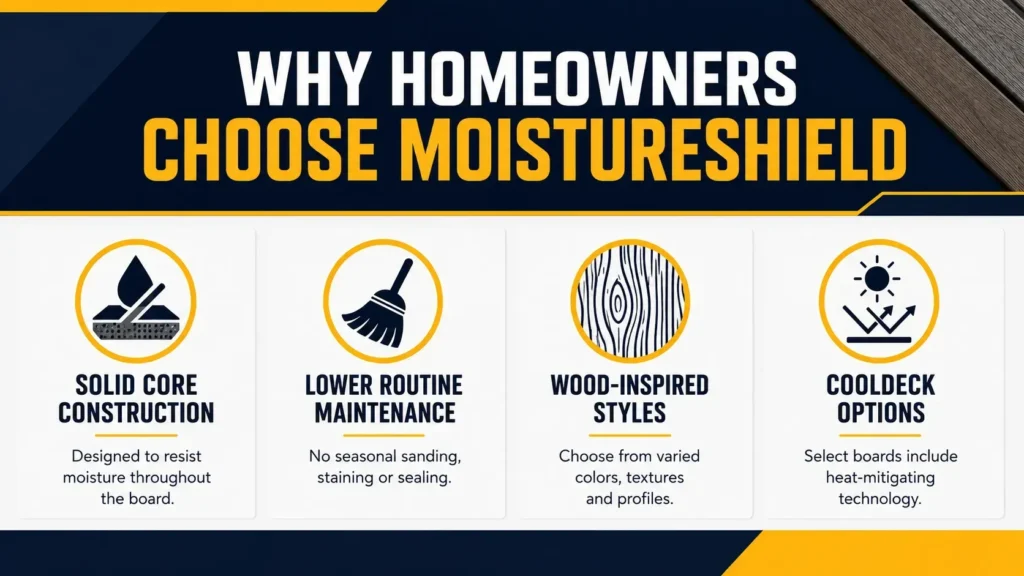 MoistureShield decking infographic about MoistureShield Deck Builders, showing deck colors, product features, and installation steps