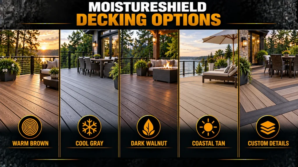 MoistureShield decking infographic about Explore MoistureShield Collections, showing deck colors, product features, and installation steps