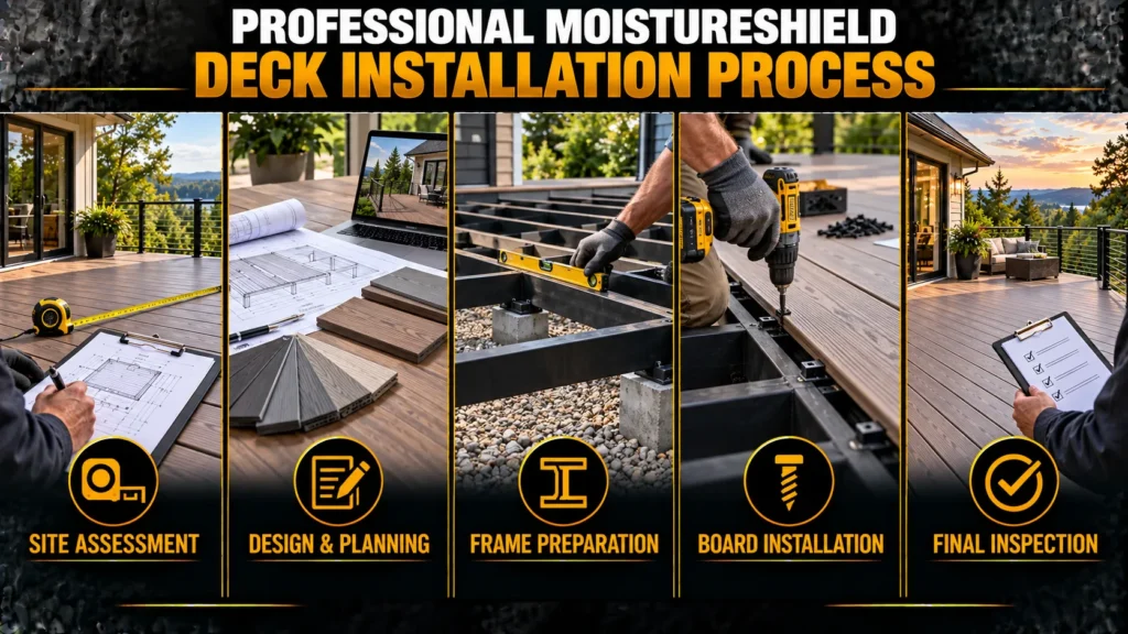 MoistureShield decking infographic about Our MoistureShield Installation Process, showing deck colors, product features, and installation steps
