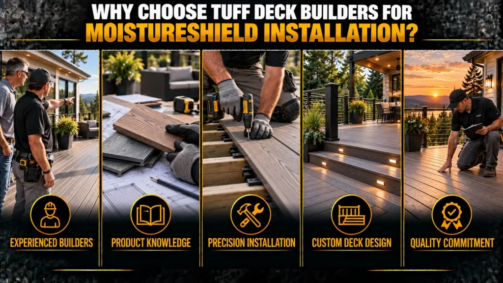 MoistureShield decking infographic about Start Planning Your MoistureShield Deck, showing deck colors, product features, and installation steps