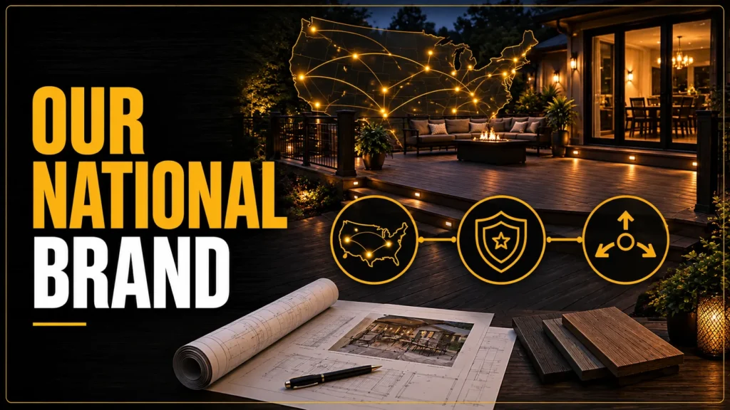 Tuff Deck Builders national network graphic with a United States map, service icons, and deck plans