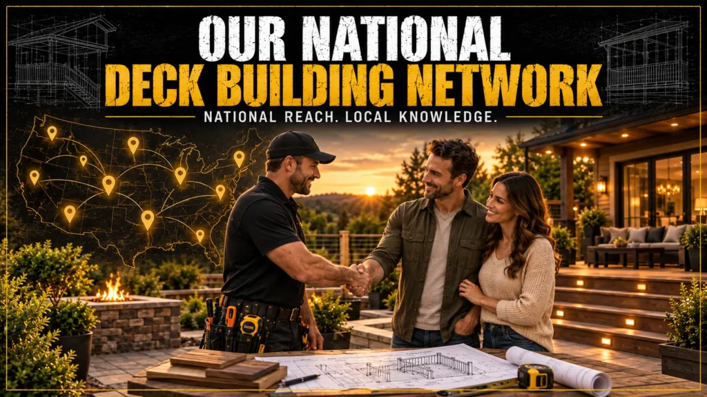 Deck contractor shaking hands with homeowners beside plans and an illuminated backyard deck