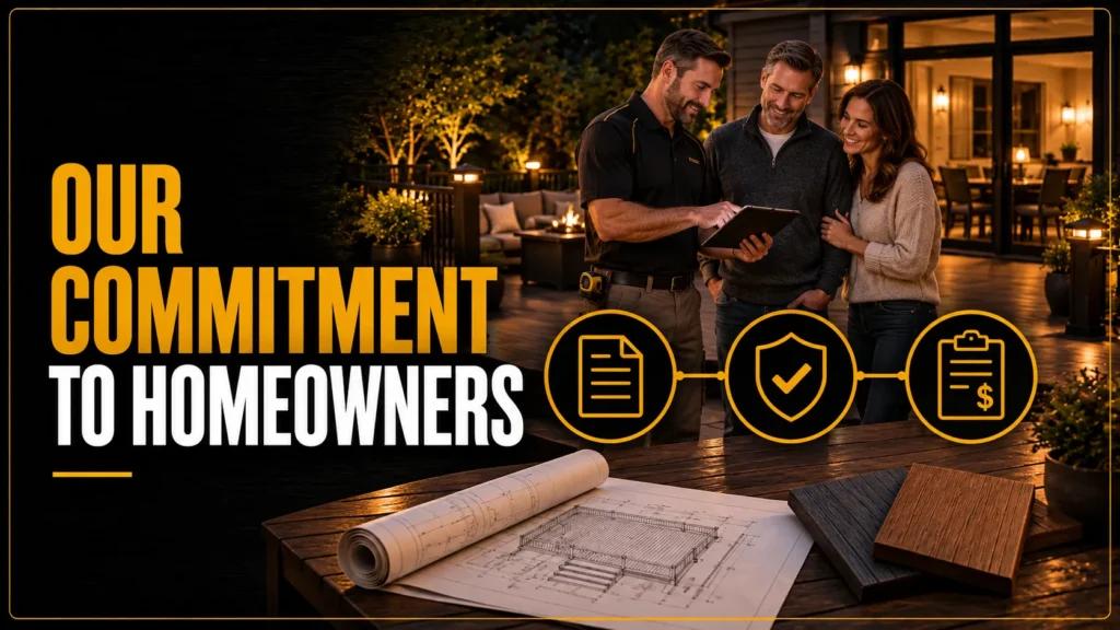 Tuff Deck Builders team reviewing plans with homeowners to represent its homeowner commitment