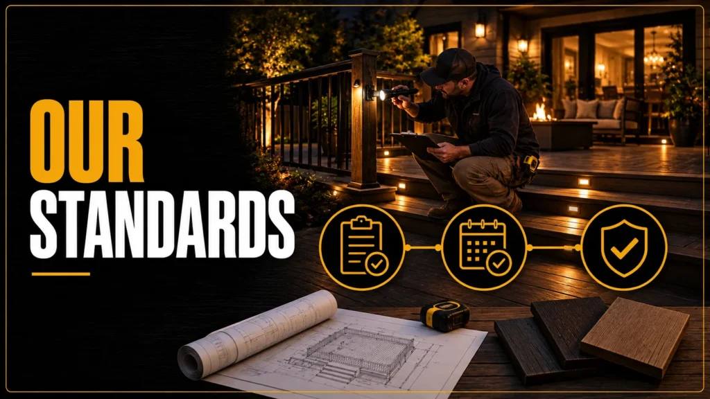 Deck contractor inspecting an illuminated deck beside checklist, scheduling, and quality-standard icons