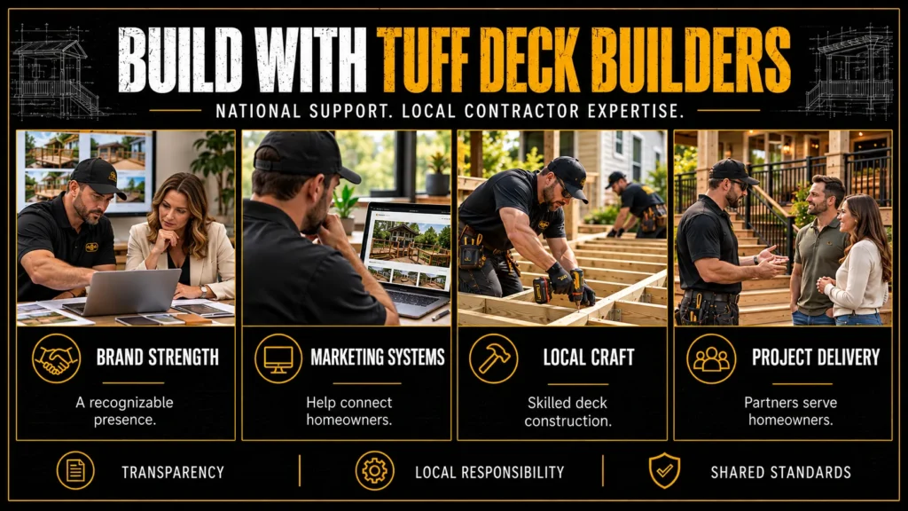 Deck contractor partner application summary infographic showing contractors, business documents, project work, and market selection