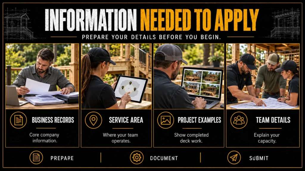 Deck contractor partner application infographic about Information Needed to Apply