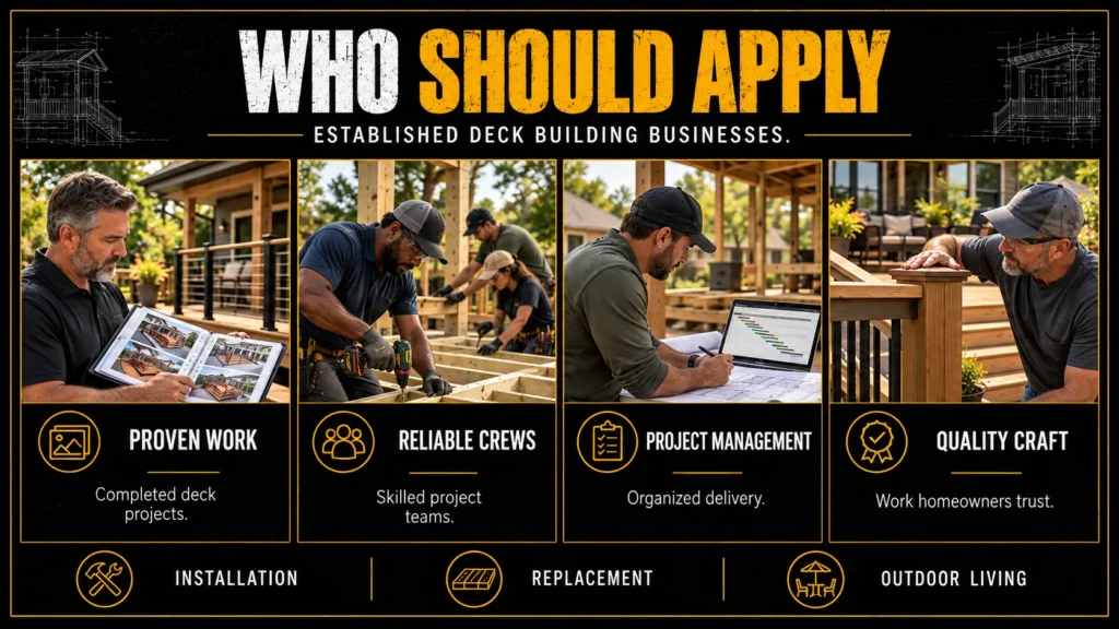 Deck contractor partner application infographic about Who Should Apply, showing contractors, business documents, project work, and market selection