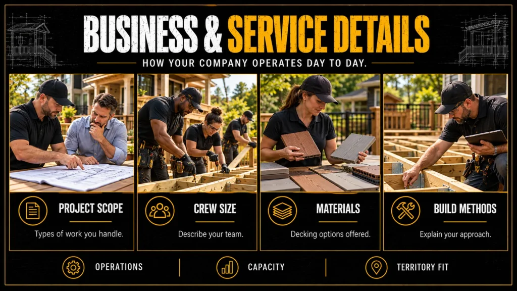 Deck contractor partner application infographic about Business and Service Details
