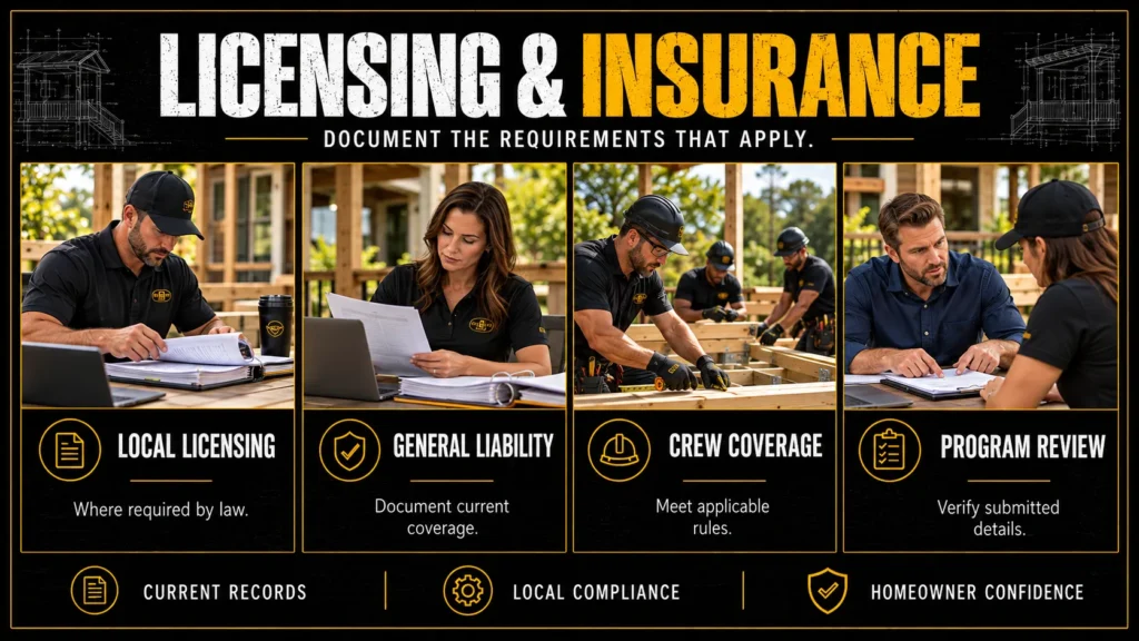 Deck contractor partner application infographic about Licensing and Insurance Details