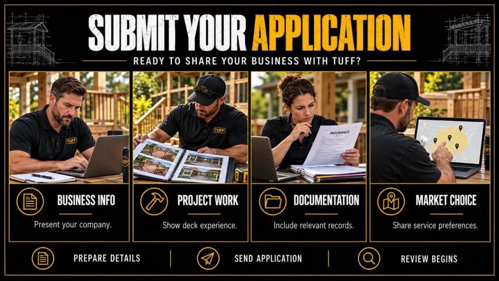 Deck contractor partner application infographic about Submit Your Application, showing contractors, business documents, project work, and market selection