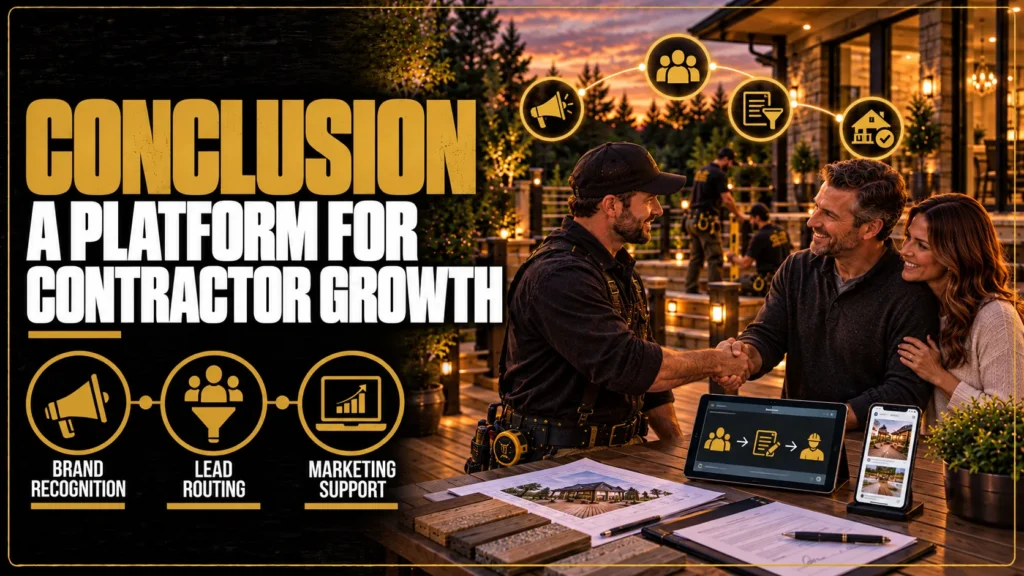 Deck contractor partner benefits summary infographic showing brand, website, lead, call tracking, content, and territory support