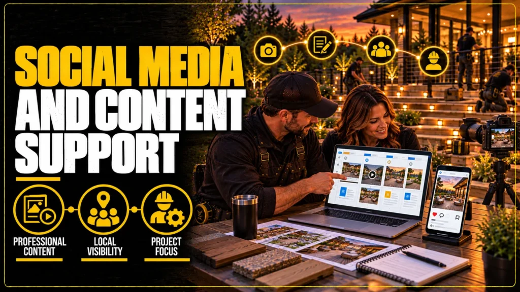 Deck contractor partner benefits infographic about Social Media and Content Support