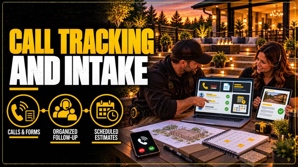 Deck contractor partner benefits infographic about Call Tracking and Intake, showing brand, website, lead, call tracking, content, and territory support