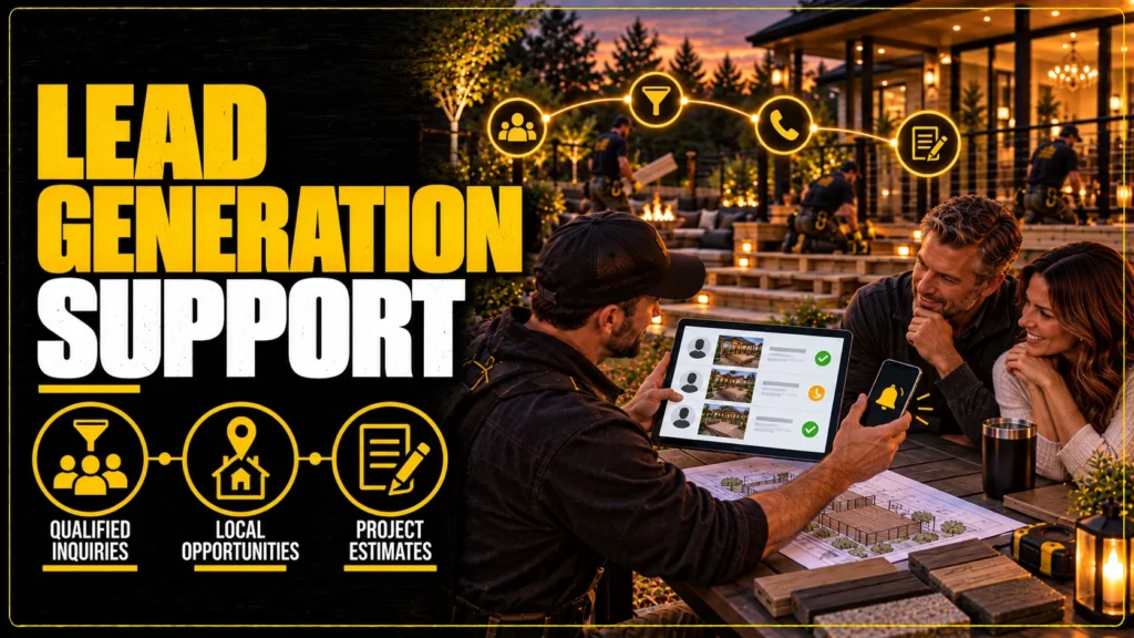 Deck contractor partner benefits infographic about Lead Generation Support, showing brand, website, lead, call tracking, content, and territory support